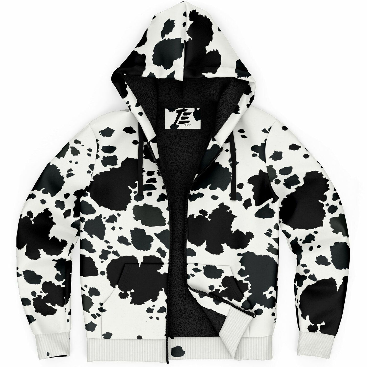 Cozy Cow Print Sherpa-Lined Hoodie – Trendy Black and White Winter Jacket