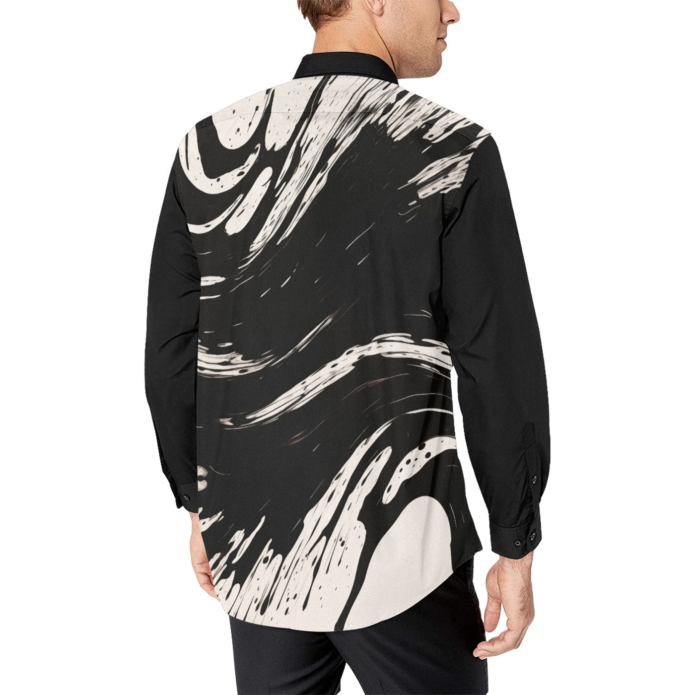 Men’s Black & White Abstract Paint Splash Button-Up Shirt – Modern Artistic Dress Shirt