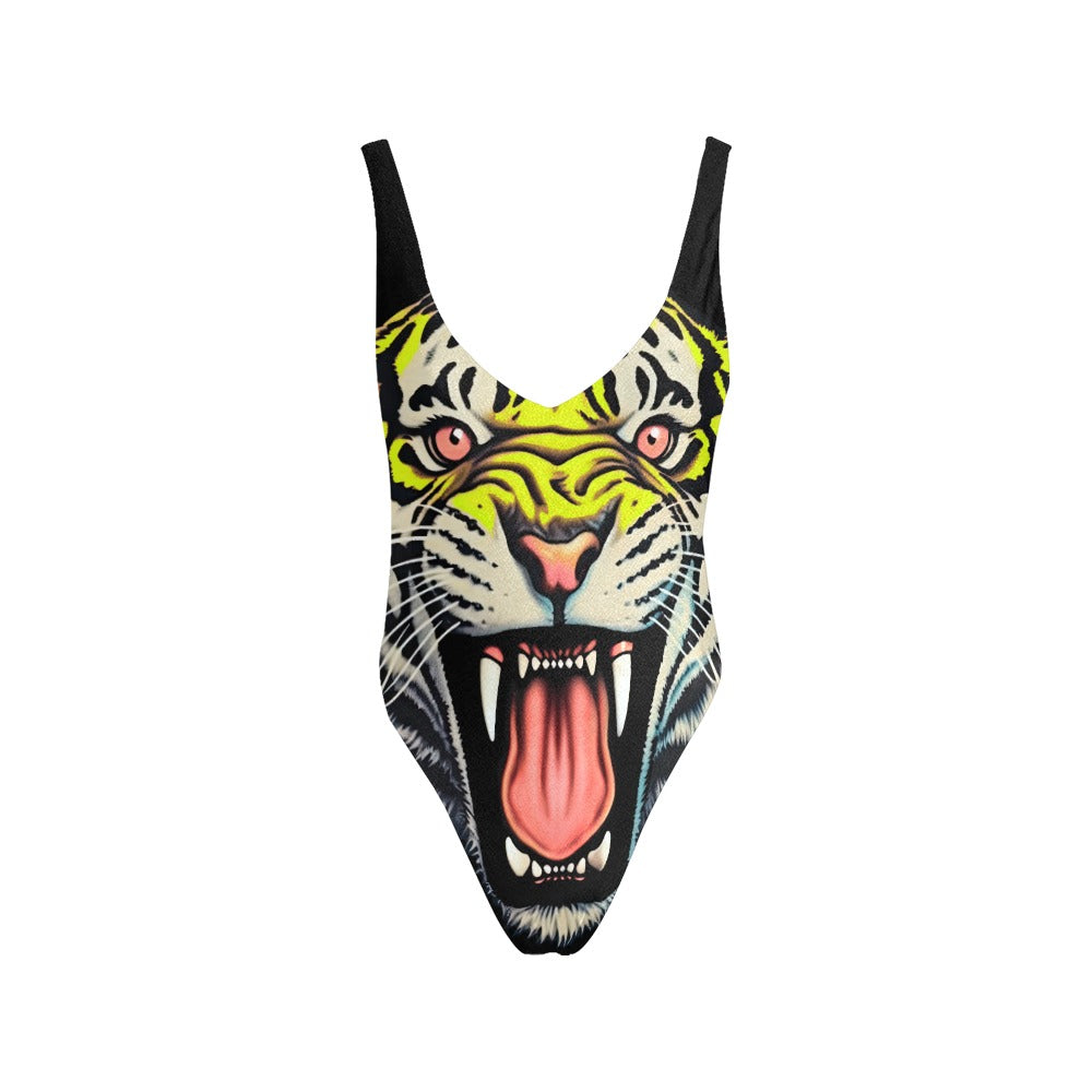 Fierce Tiger Face Deep V Swimsuit – Bold and Wild Animal Print Swimwear