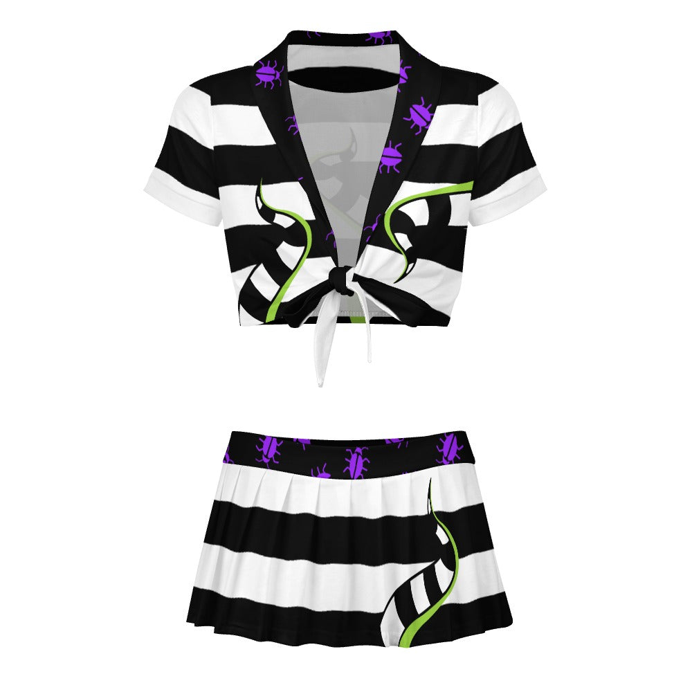 Beetlejuice Cheerleader Set – Striped Crop Top & Pleated Mini Skirt with Bug Graphics