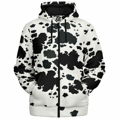 Cozy Cow Print Sherpa-Lined Hoodie – Trendy Black and White Winter Jacket