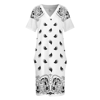 Bandana Print Loose Fit V-Neck Dress with Pockets (Plus size)