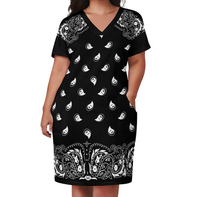 Bandana Print Loose Fit V-Neck Dress with Pockets (Plus size)