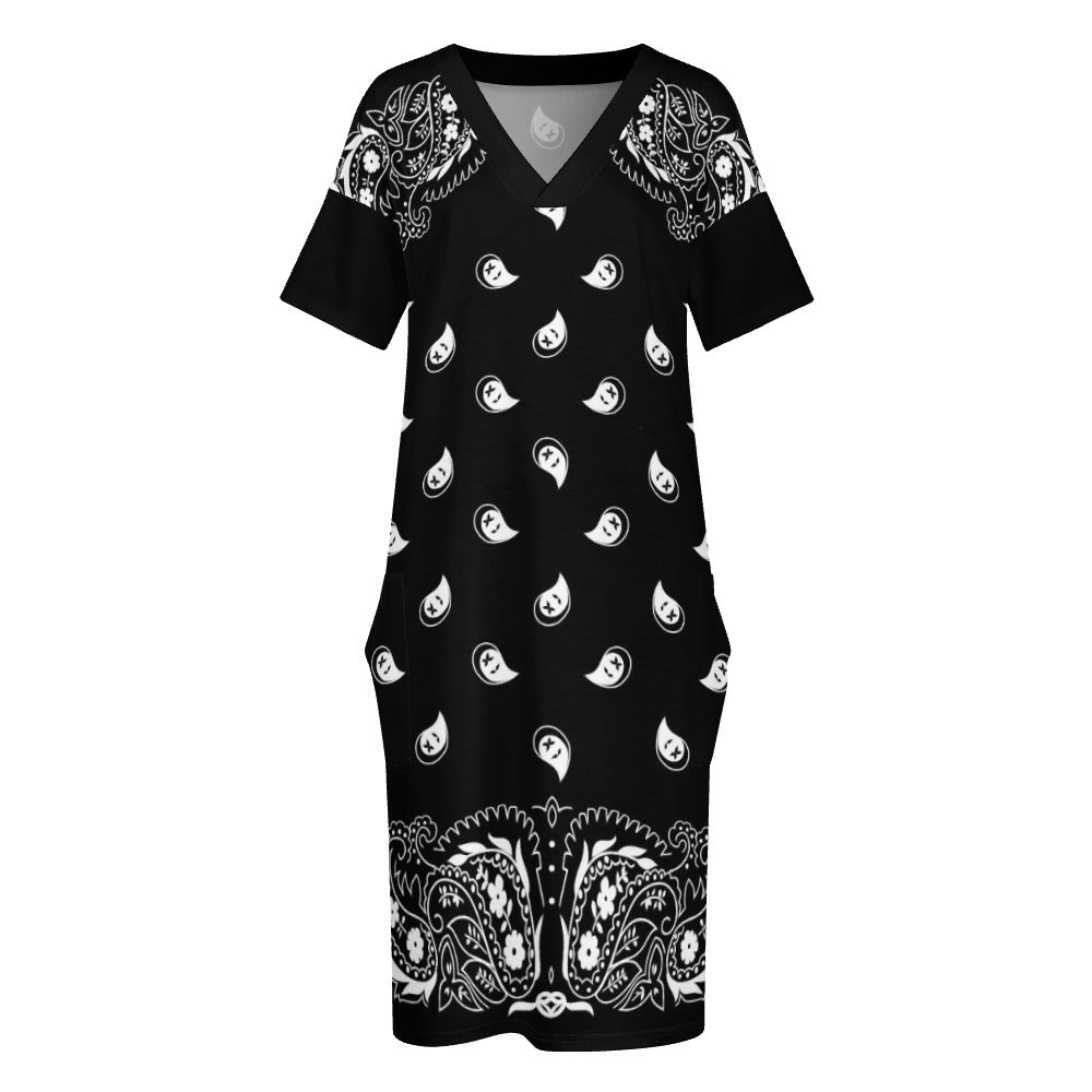 Bandana Print Loose Fit V-Neck Dress with Pockets (Plus size)