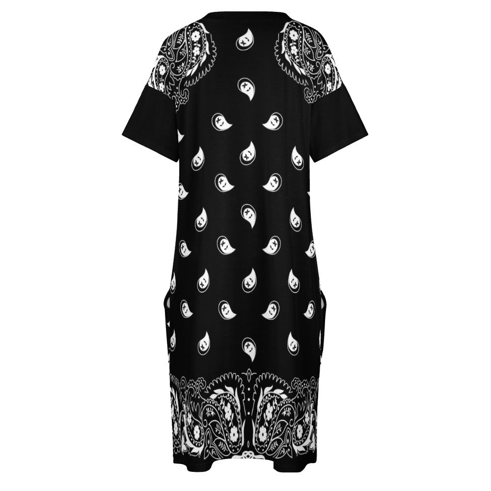 Bandana Print Loose Fit V-Neck Dress with Pockets (Plus size)