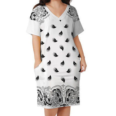 Bandana Print Loose Fit V-Neck Dress with Pockets (Plus size)