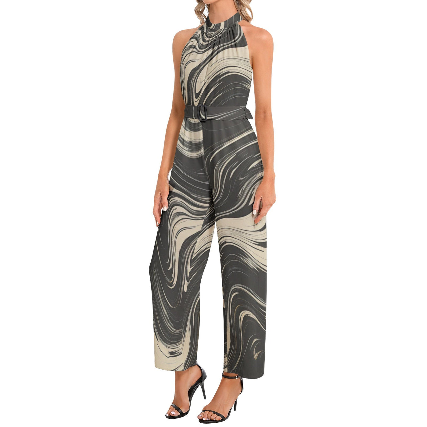 Black & Beige Abstract Wave Halter Neck Belted Jumpsuit