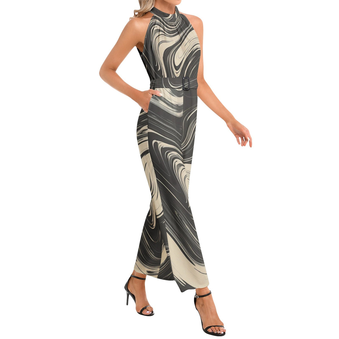 Black & Beige Abstract Wave Halter Neck Belted Jumpsuit