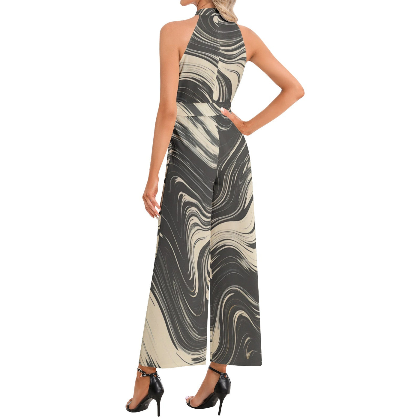 Black & Beige Abstract Wave Halter Neck Belted Jumpsuit