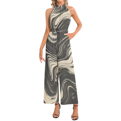 Black & Beige Abstract Wave Halter Neck Belted Jumpsuit