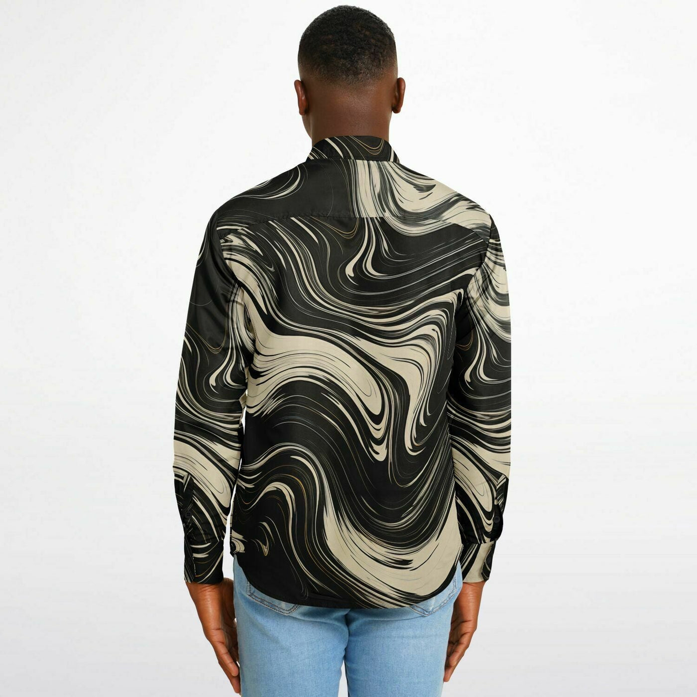 Black & Beige Abstract Wave Long Sleeve Button Down