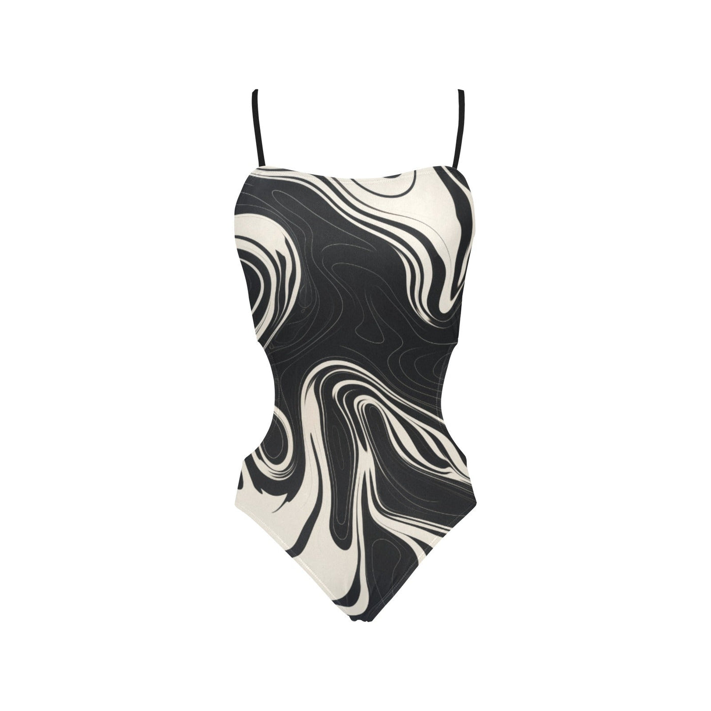 Black Floating Ink Pattern Thin Straps One Piece Swimsuit