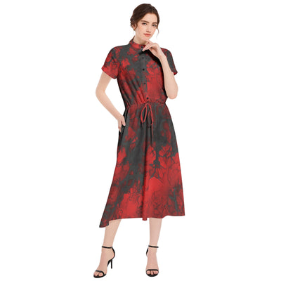 Black & Red tie-dye Retro pop Drawstring Waist A-line Flared Midi Dress