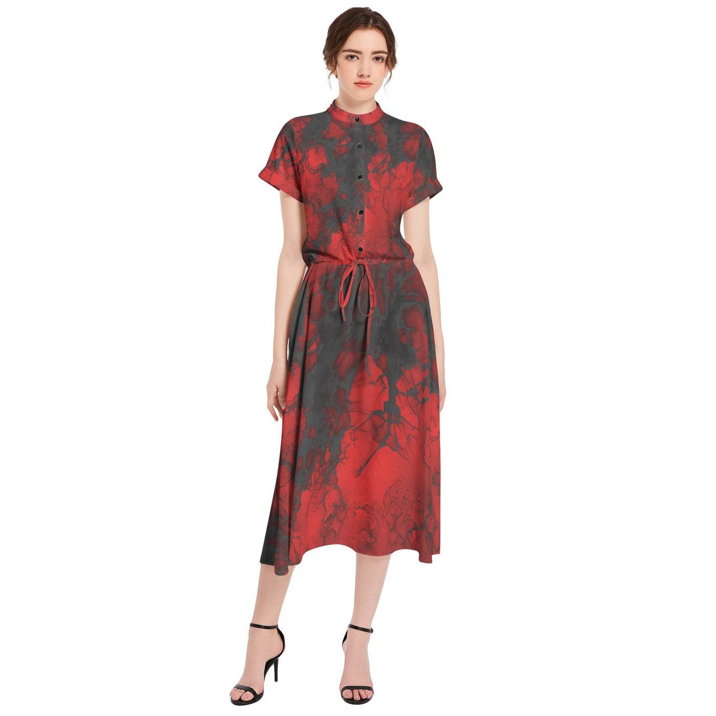 Black & Red tie-dye Retro pop Drawstring Waist A-line Flared Midi Dress
