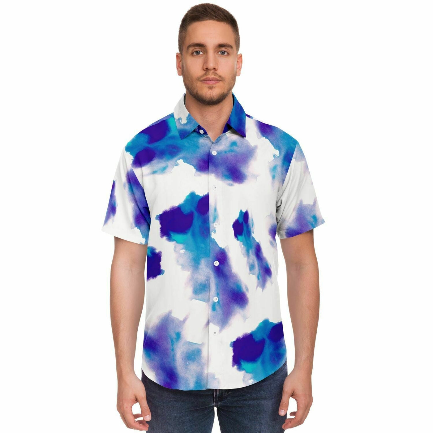 Blue Watercolour Tie-Dye Effect Short Sleeves Shirt | Retro pop