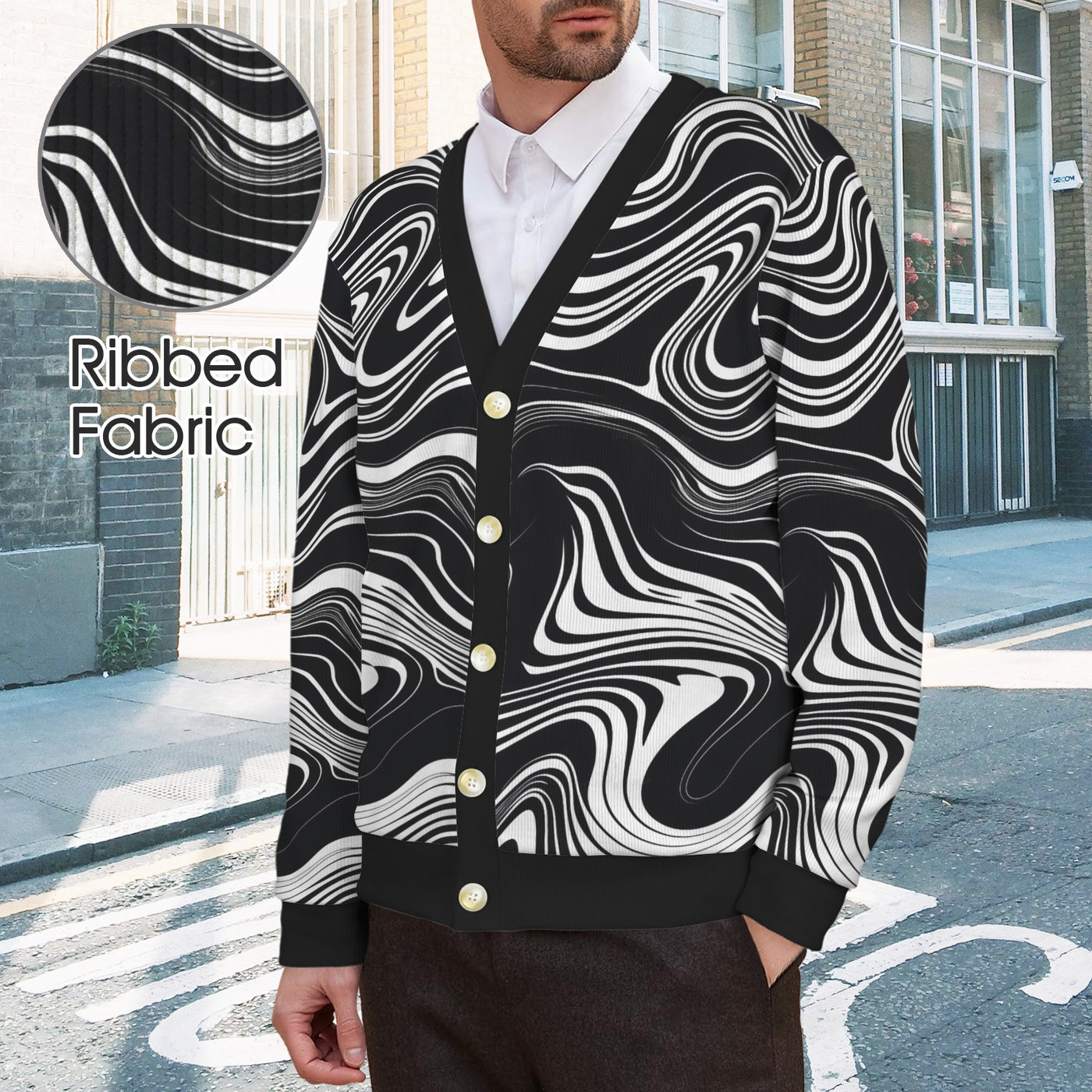 Disruptive Chic Monochrome Cardigan – Artistic Black and White Knitwear