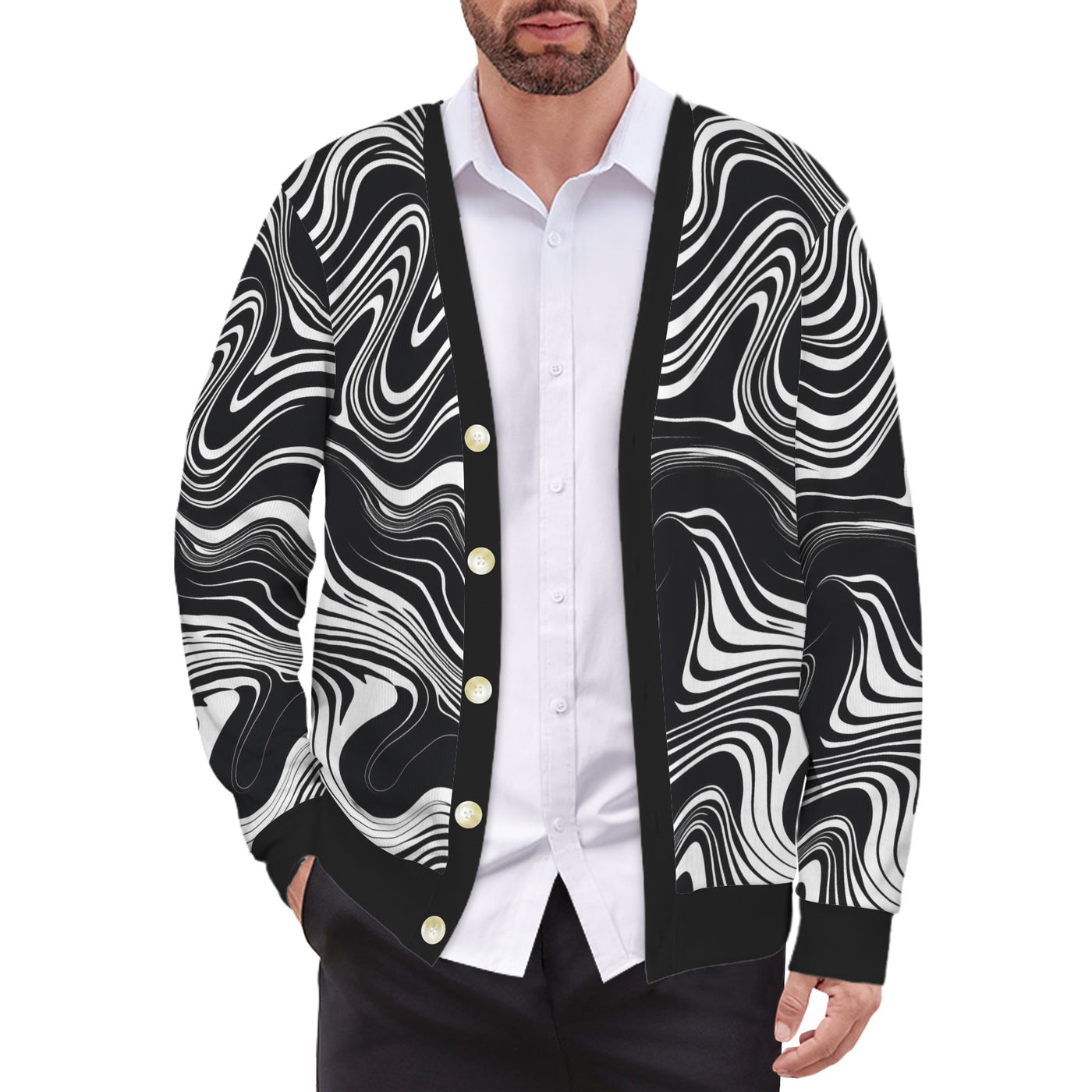 Disruptive Chic Monochrome Cardigan – Artistic Black and White Knitwear