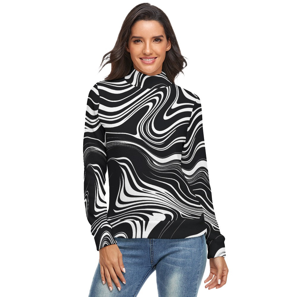 Disruptive Chic Women’s Turtleneck – Black & White Abstract Print Sweater