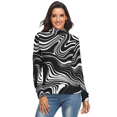 Disruptive Chic Women’s Turtleneck – Black & White Abstract Print Sweater
