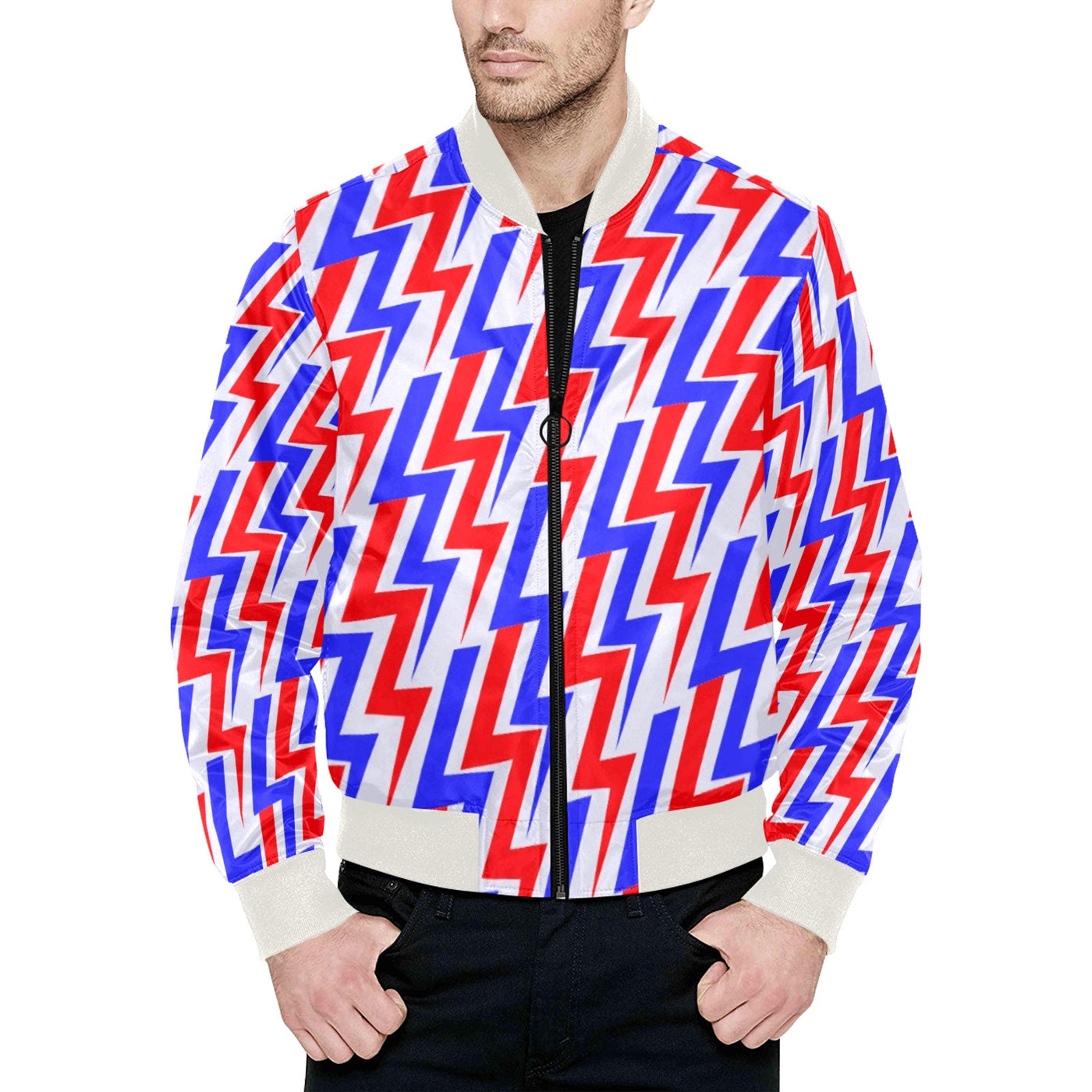 Electric Thunderbolt Pattern Quilted Bomber Jacket white