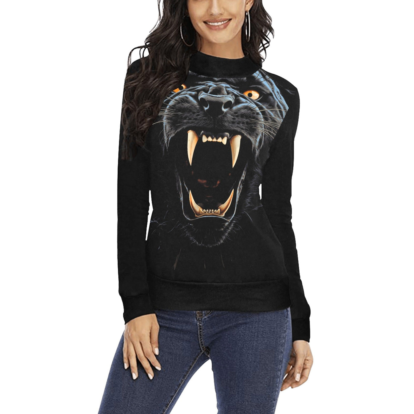 Fierce Black Panther Graphic Mock Neck Sweatshirt