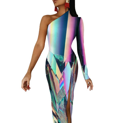 Glitchy Holographic Scattered Mirror – One-Sleeve Bodycon Dress