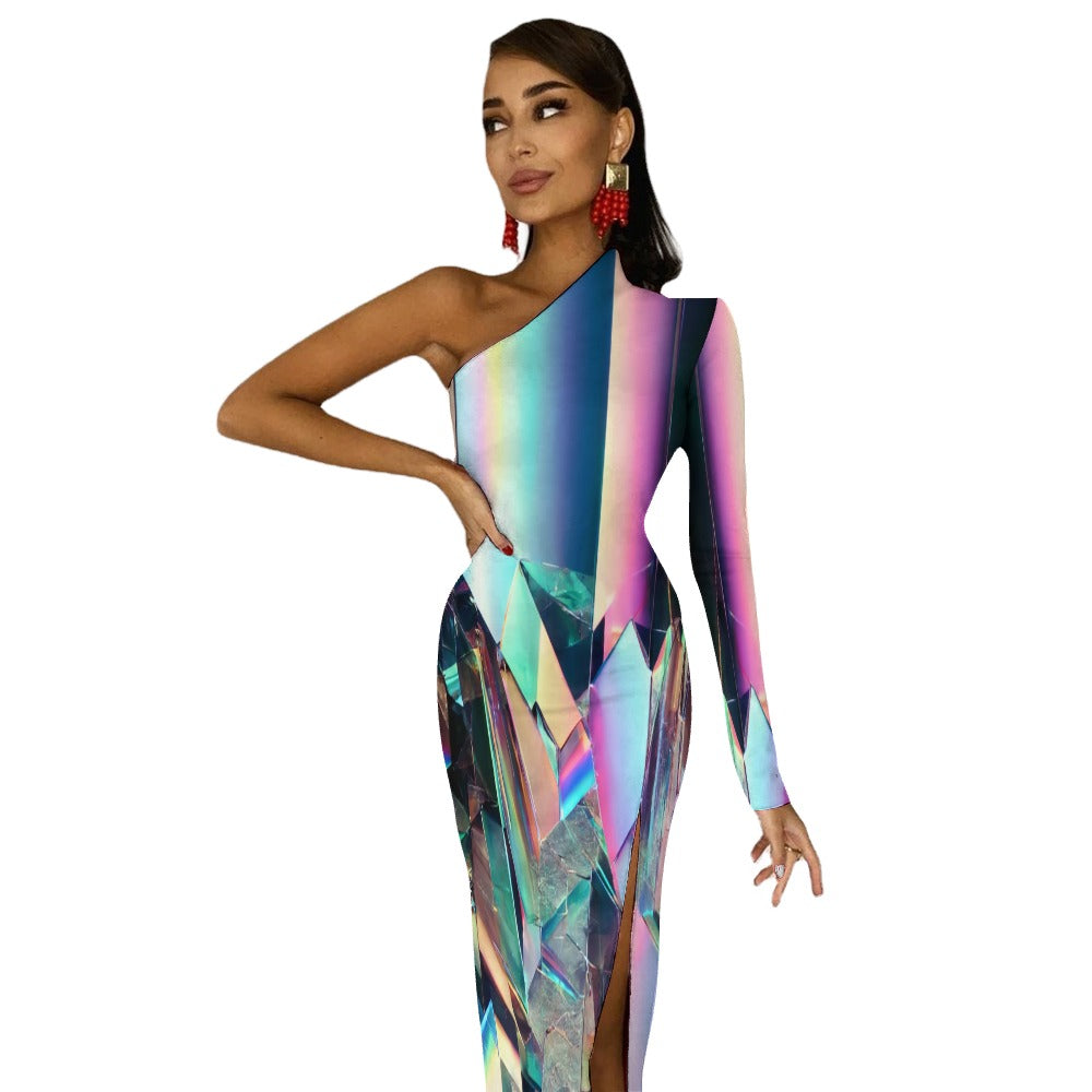 Glitchy Holographic Scattered Mirror – One-Sleeve Bodycon Dress