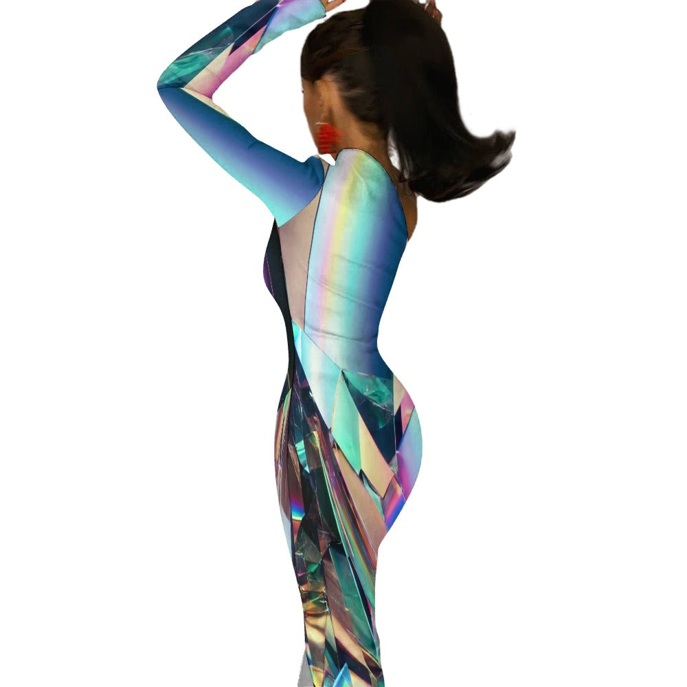 Glitchy Holographic Scattered Mirror – One-Sleeve Bodycon Dress