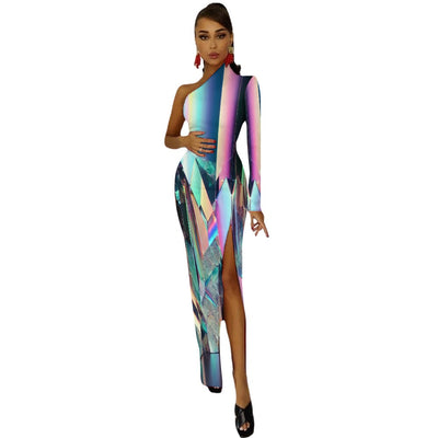 Glitchy Holographic Scattered Mirror – One-Sleeve Bodycon Dress