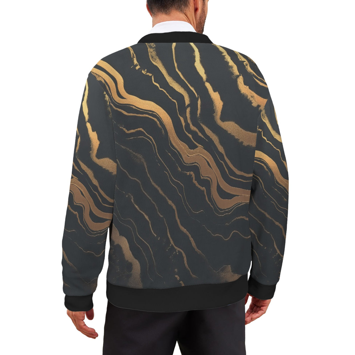 Golden Swirl Cardigan – Black & Gold Abstract Print Button-Up Sweater