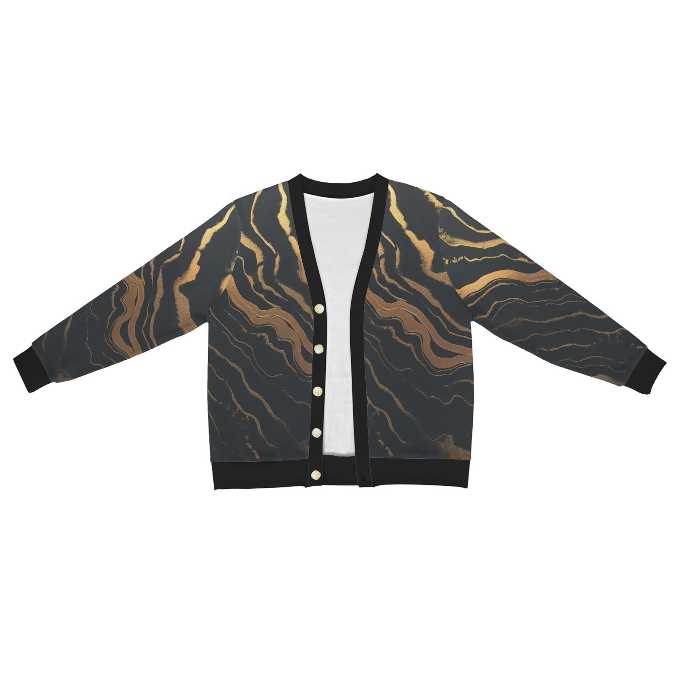 Golden Swirl Cardigan – Black & Gold Abstract Print Button-Up Sweater