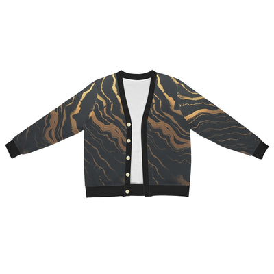 Golden Swirl Cardigan – Black & Gold Abstract Print Button-Up Sweater