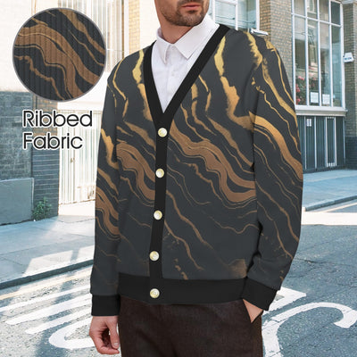 Golden Swirl Cardigan – Black & Gold Abstract Print Button-Up Sweater