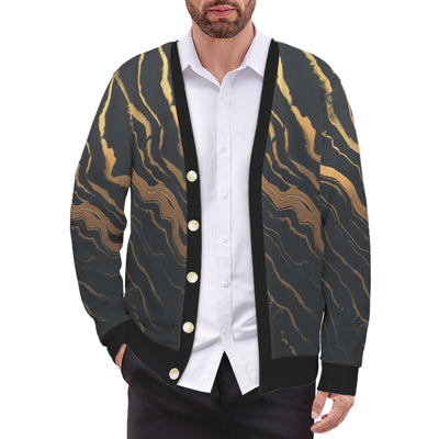 Golden Swirl Cardigan – Black & Gold Abstract Print Button-Up Sweater
