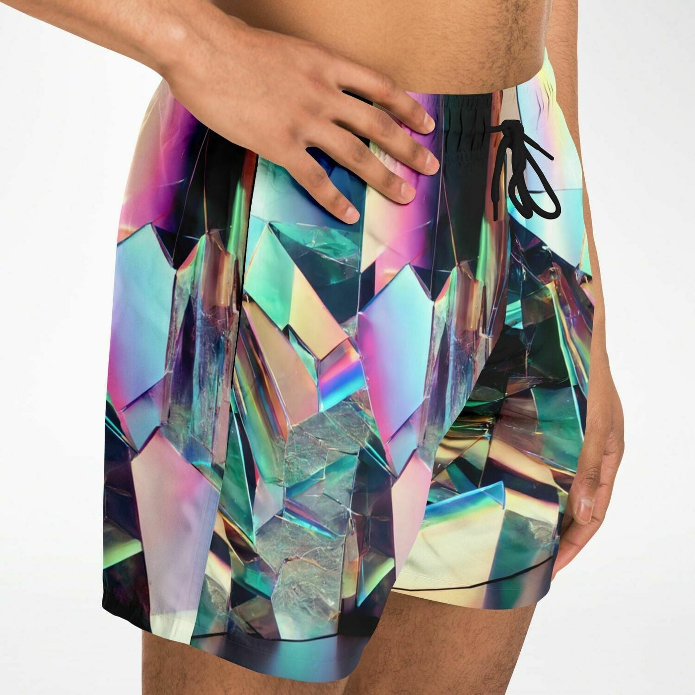 Holographic Crystal Swim Shorts – Futuristic Iridescent Beachwear for Men