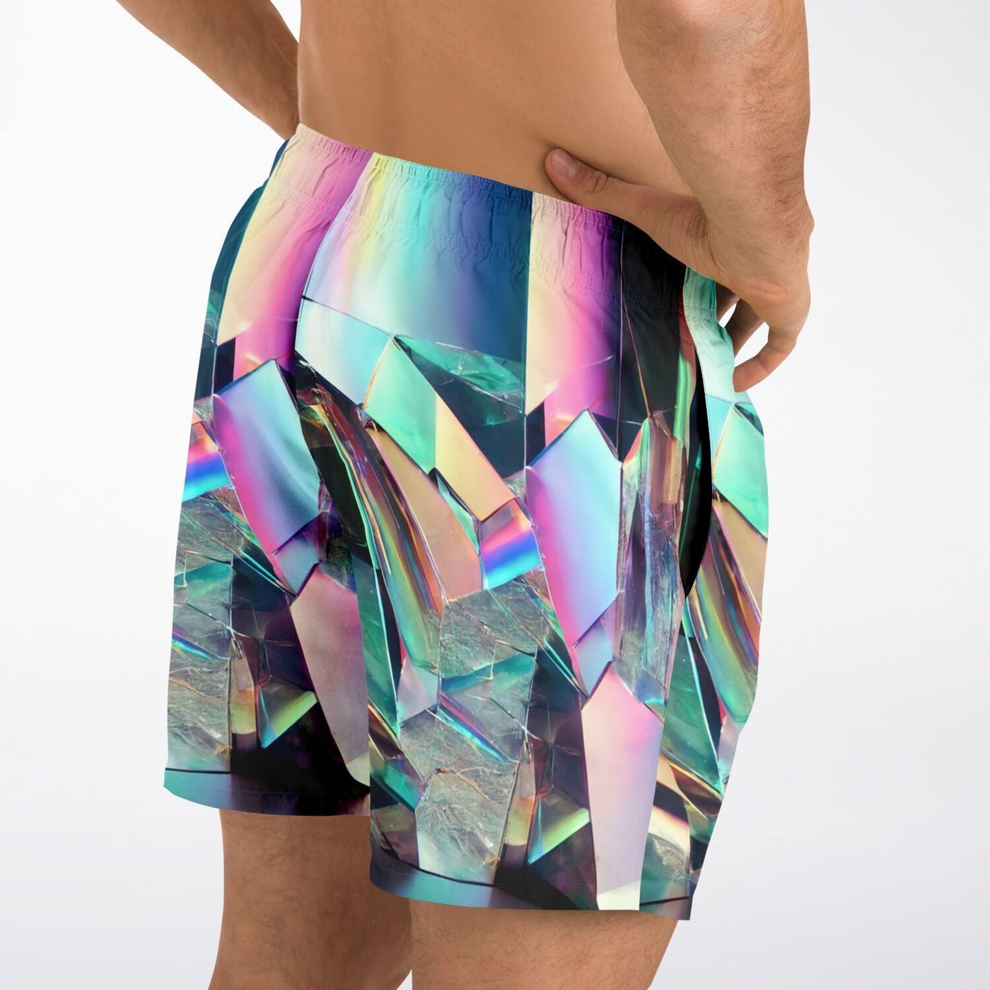 Holographic Crystal Swim Shorts – Futuristic Iridescent Beachwear for Men