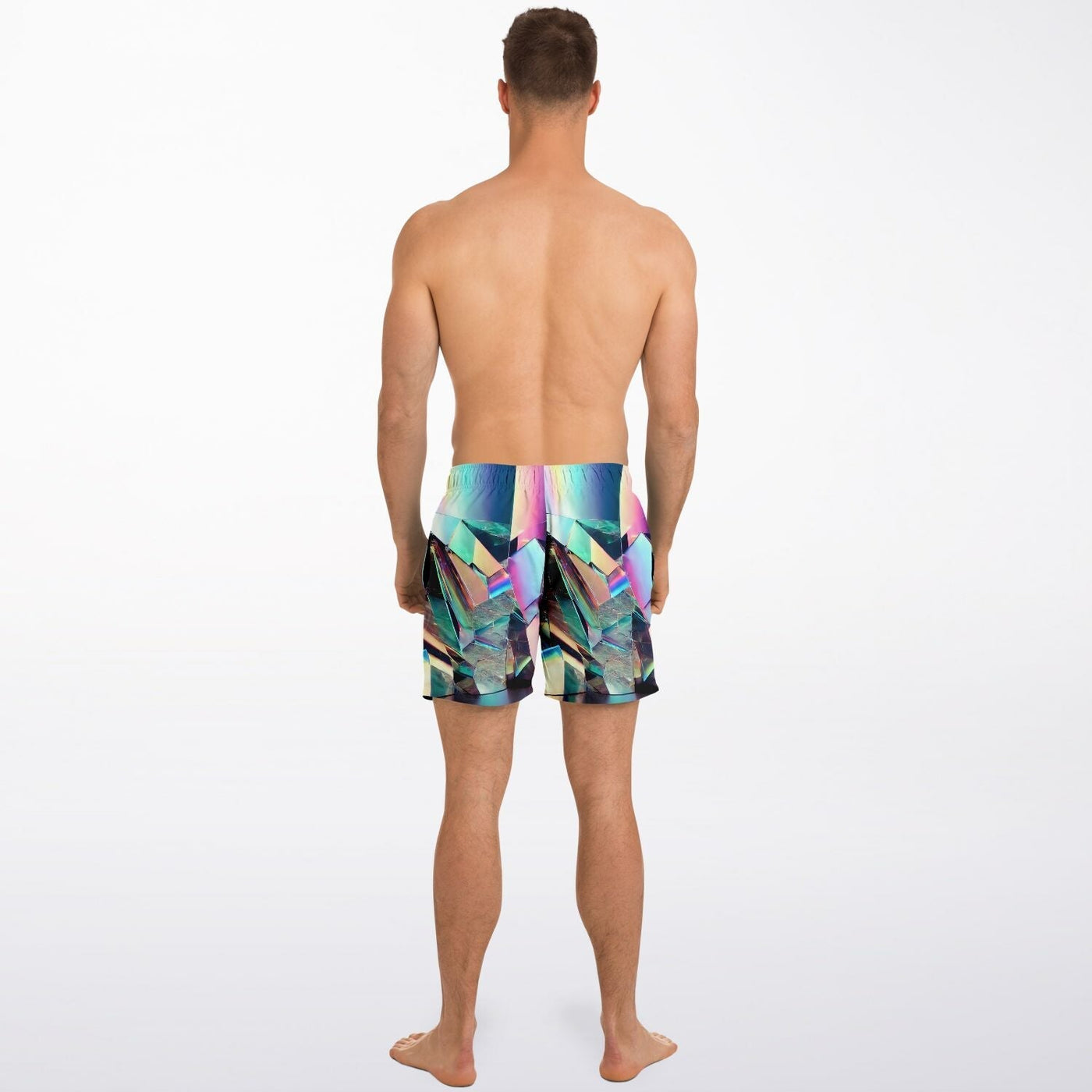 Holographic Crystal Swim Shorts – Futuristic Iridescent Beachwear for Men