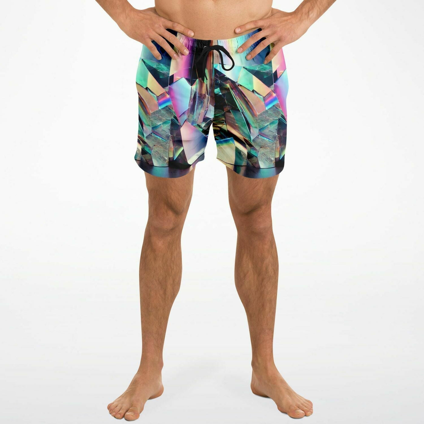 Holographic Crystal Swim Shorts – Futuristic Iridescent Beachwear for Men