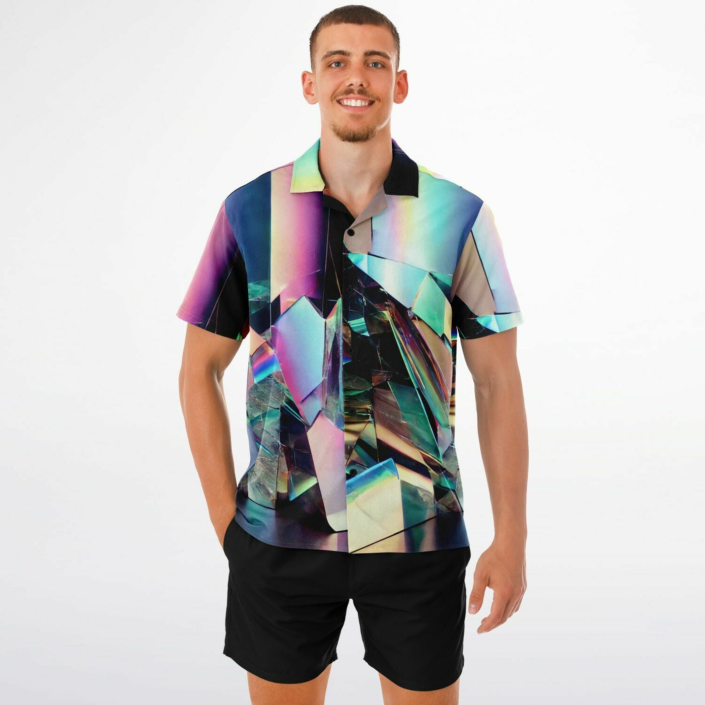 Holographic Mirror Hawaiian Shirt – Futuristic Glitch Summer Vibes