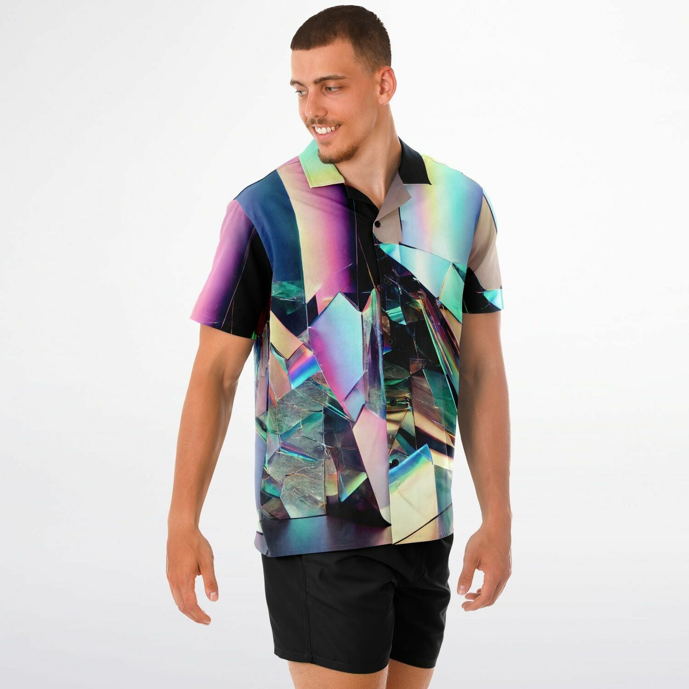 Holographic Mirror Hawaiian Shirt – Futuristic Glitch Summer Vibes