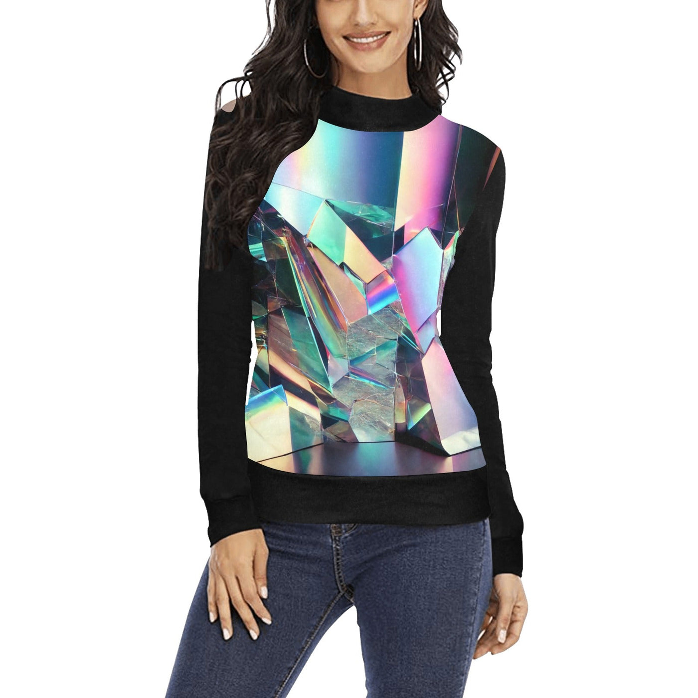 Holographic Mirror Mock Neck Sweatshirt – Futuristic Iridescent Style