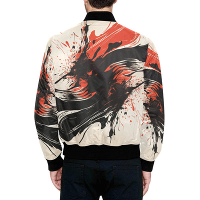 Japanese Abstract Ink Splash Black & Red Quilted Bomber Jacket