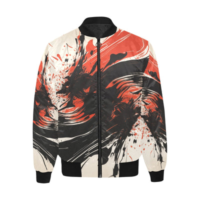 Japanese Abstract Ink Splash Black & Red Quilted Bomber Jacket