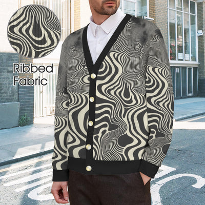 Men’s Abstract Black and White Swirl Cardigan – Modern Art-Inspired Design