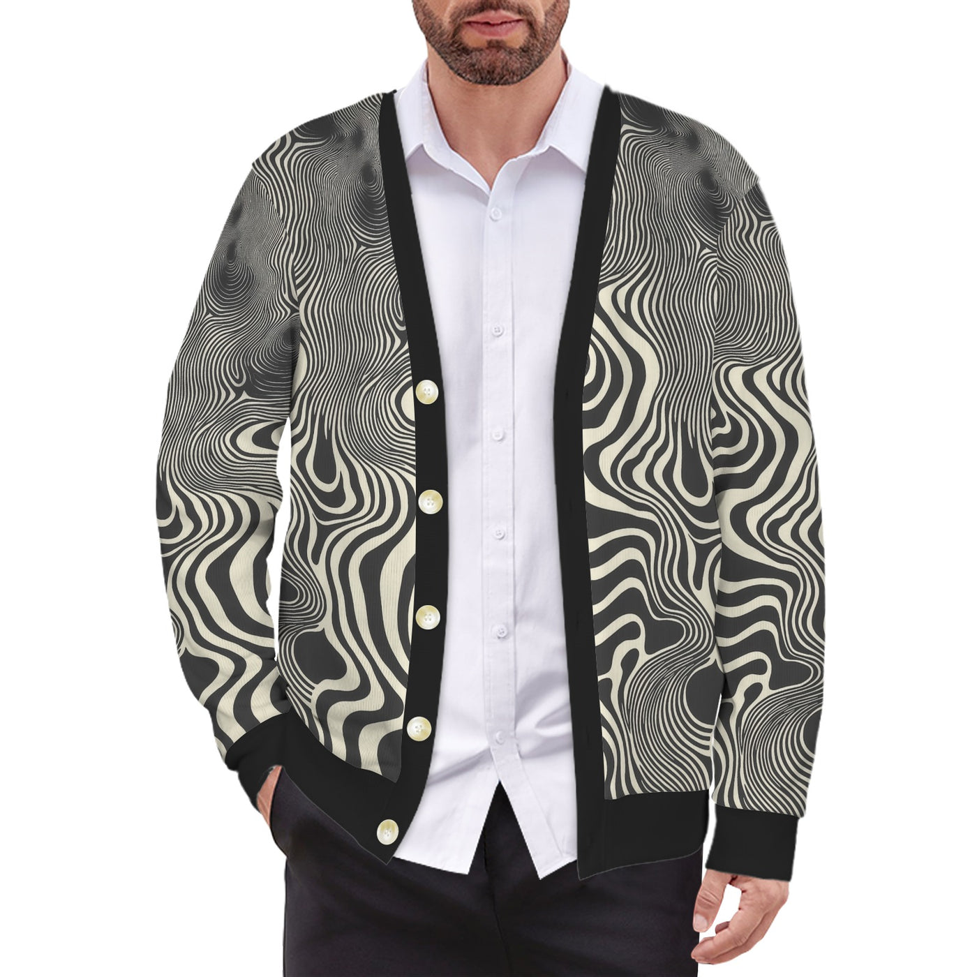 Men’s Abstract Black and White Swirl Cardigan – Modern Art-Inspired Design