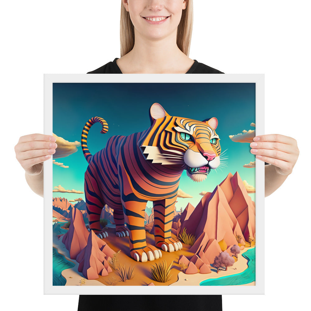 Monumental Tiger: Pop Surreal Tiger - Dreamy Landscape | Framed poster