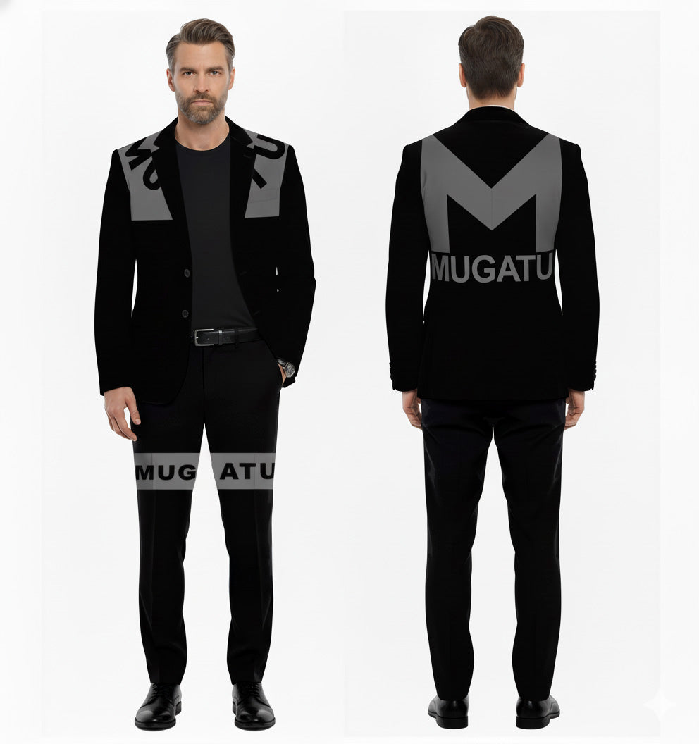 Black suit with 'Mugatu' branding on a white background