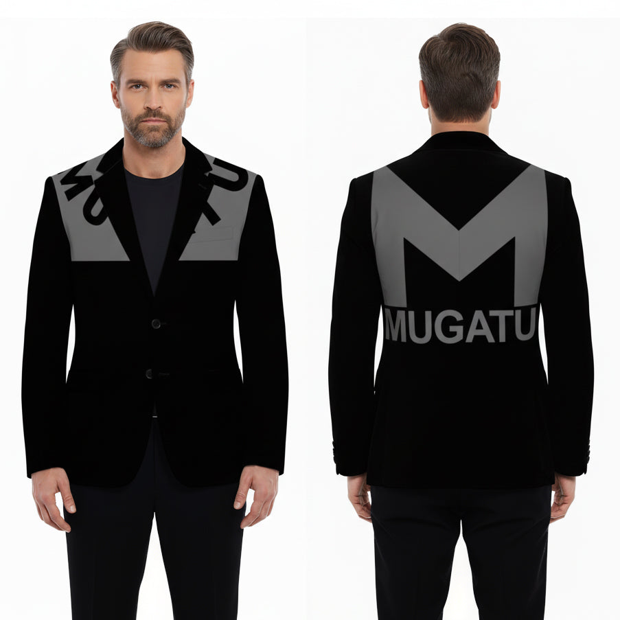 Black blazer with 'Mugatu' branding on a white background