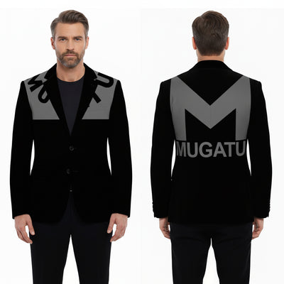Black blazer with 'Mugatu' branding on a white background