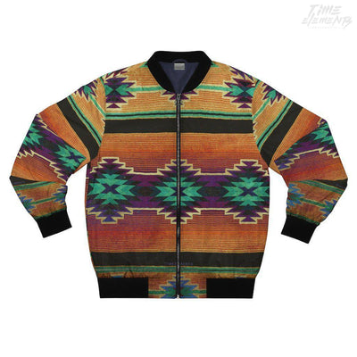 Native American Bomber Jacket with Burnt Amber Green Shamanic Tribal Pattern